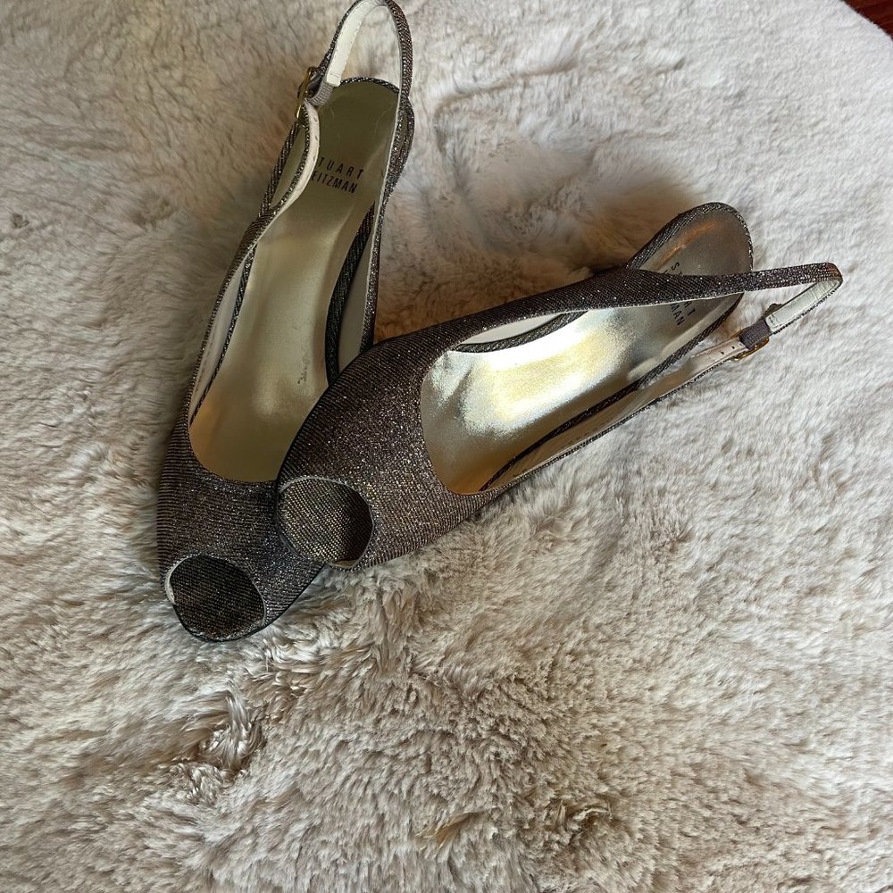 Stuart Weitzman Slingback Peep Toe Pumps Silver Metallic